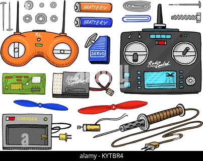 RC transport and instrument, remote control models. toys design elements for emblems. boat or ship and car or machine. revival radios tuner broadcasting system. engraved hand drawn. Stock Vector