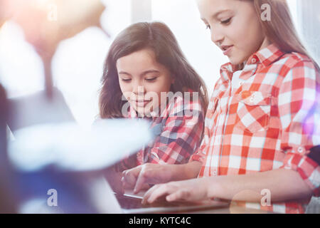 Focused on the task. Admirable thoughtful nice student typing something on her computer while working on her school assignment and listening to friend Stock Photo