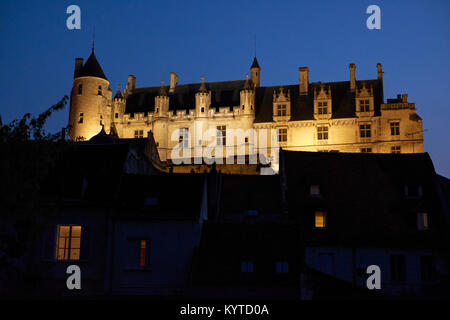 The Royal Lodge and Chateau at night in the medieval town of Loches in the Loire Valley Region of France Stock Photo