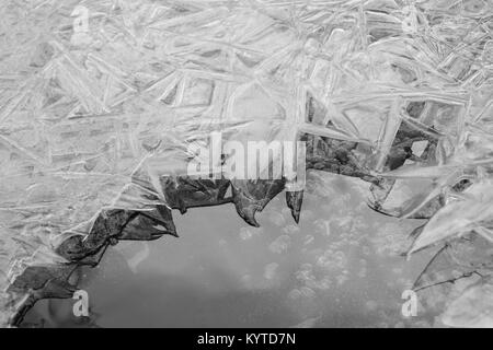 Ice crystal sheets close-ups and reflections on water Stock Photo