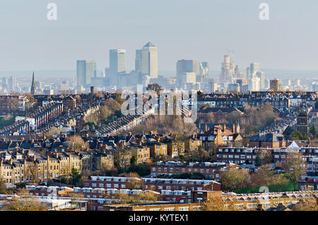 Canary Wharf from Alexandra Palace, North London UK, with Crouch End in foreground Stock Photo