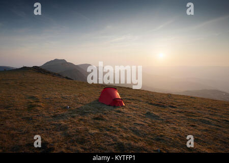 Wild Camping on Mynydd Moel, part of the Cadair Idris massif. Snowdonia National Park. Wales. UK. Stock Photo