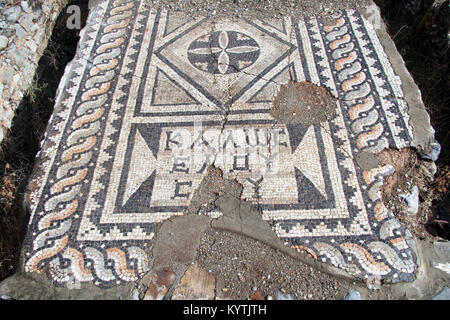 Roman mosaic on the floor of ruined house in Anamurum, Turkey Stock Photo