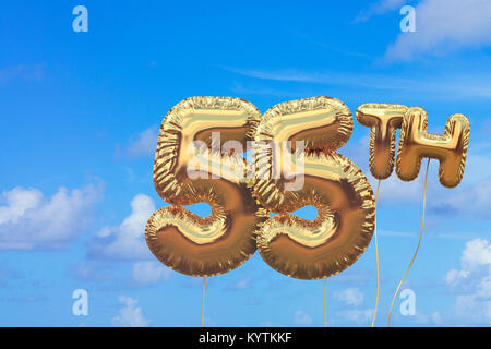 Gold number 55 foil birthday balloon against a bright blue summer sky. Golden party celebration. 3D Rendering Stock Photo