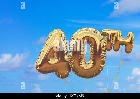 Gold number 40 foil birthday balloon against a bright blue summer sky. Golden party celebration. 3D Rendering Stock Photo