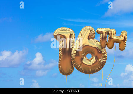 Gold number 16 foil birthday balloon against a bright blue summer sky. Golden party celebration. 3D Rendering Stock Photo