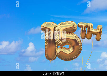 Gold number 15 foil birthday balloon against a bright blue summer sky. Golden party celebration. 3D Rendering Stock Photo