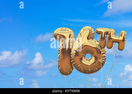 Gold number 16 foil birthday balloon against a bright blue summer sky. Golden party celebration. 3D Rendering Stock Photo