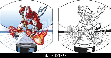 Vector cartoon clip art illustration of a devil mascot in uniform playing ice hockey, leaving a trail of fire behind his skates, hitting a puck with a Stock Vector