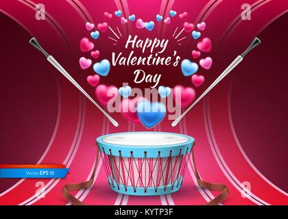 Valentine day card with drum Vector realistic. Colorful hearts background Stock Vector