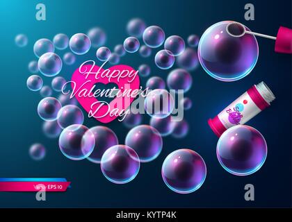 Valentine day soap transparent bubbles Vector. Realistic heart shape card illustration Stock Vector