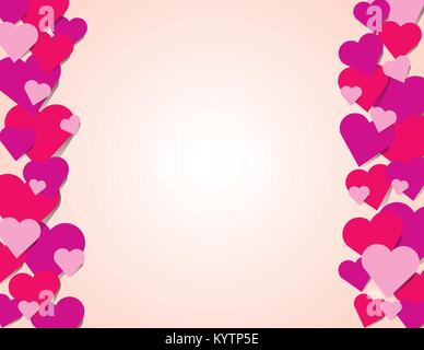 Pink red and purple hearts forming a border on a pink background illustration. Vector EPS 10 available. Stock Vector