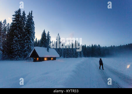 Winter landscape, pines and cottage covered with snow, woman with a headlamp in twilight, Pokljuka, Slovenia Stock Photo