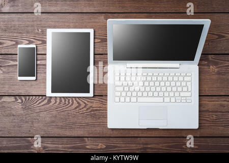 Technology background with modern white computer, tablet and smart phone Stock Photo