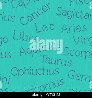 Seamless pattern with scattered Zodiac sign starry inscriptions, vector illustration on the turquoise background Stock Vector