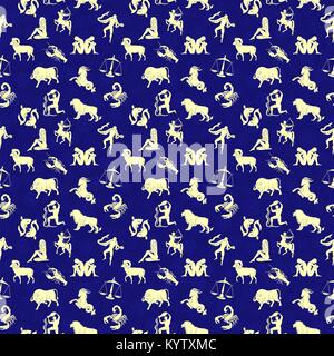 Seamless vector pattern with white Zodiac sign silhouettes on the blue starry background Stock Vector