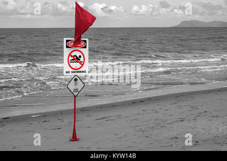 Red warning flag on beach with Danger No Swimming sign and jellyfish image. Highlighted colored flagpole against greyscale tropical costal landscape Stock Photo