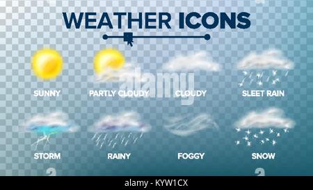 Weather Icons Set Vector. Sunny, Cloudy Storm, Rainy, Snow, Foggy. Good For Web, Mobile App. Isolated On Transparent Background Illustration Stock Vector