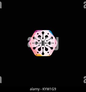 Abstract snowflake colorful shape. Unusual circles star isolated vector logo template on black background. Stock Vector