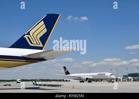 Singapore Airlines, Airbus, A350-900, aircraft, airplane, plane, airlines, airways, roll, in, out,  take of, start, Push, Ramp, Munich Airport, Stock Photo