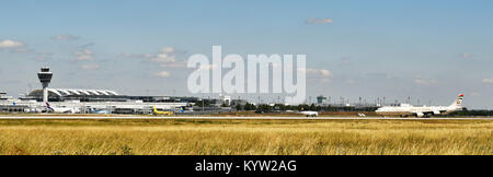 overview, grass, weed, nature, view, aircraft, airplane, plane, airlines, airways, roll, in, out,  Munich Airport, Stock Photo