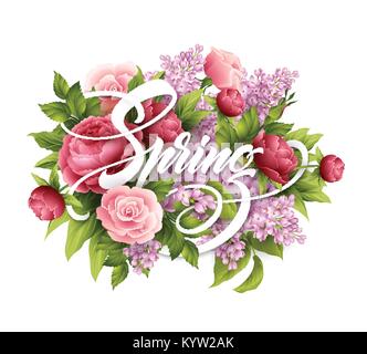 Stylish poster with beautiful flowers and Spring lettering. Lilac, rose, peony flower bouquet. Vector illustration Stock Vector