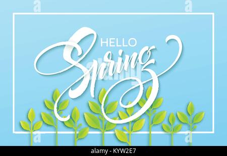 Hello Spring with paper green leaves background. Vector illustration Stock Vector