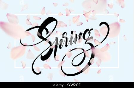 Spring lettering web banner template. Color pink sakura cherry blossom flower blue sky landscape background design. Vector illustration Stock Vector