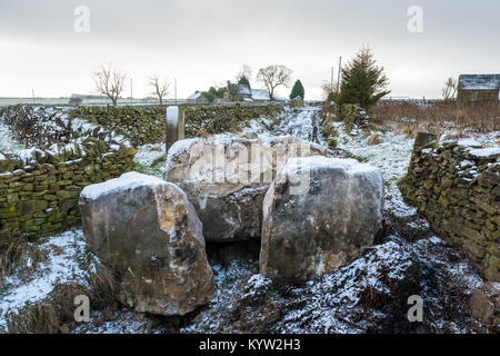 Large pieces of stone blocking a bridleway near Hollinsclough to prevent illegal traffic inc 4x4's from using it. Peak District National Park Stock Photo