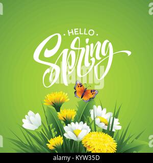Inscription Hello Spring on background with spring flowers. Vector illustration Stock Vector