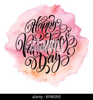 Valentines Day Card with lettering in pink watercolor background. Vector illustration Stock Vector