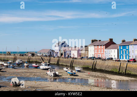 Afon Aeron River estuary with boats moored in harbour at low tide in Georgian seaside town on west coast. Aberaeron, Ceredigion, Wales, UK, Britain Stock Photo