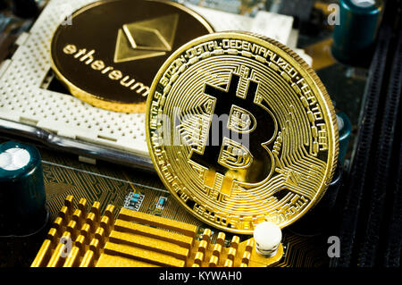 Bitcoin is a modern way of exchange and this crypto currency is a convenient means of payment in the financial and web markets Stock Photo