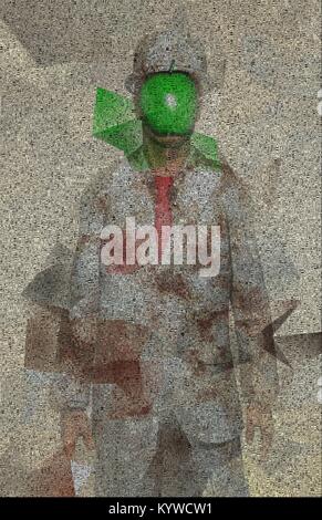 Surreal digital art. Man in white suit with green apple instead of face. Rene Magritte style. Picture is composed entirely of the words. 3D rendering Stock Photo