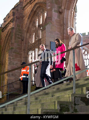 16th January 2018. Coventry, West Midlands, England, UK. The Duke and Duchess of Cambridge descend the steps between the old and new cathedrals as part of their royal visit to the city of Coventry. Stock Photo