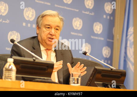 UN, New York, USA. 16th Jan, 2018. UN Sec-Gen Antonio Guterres described his 2018 plans to press at UN. Photo: Matthew Russell Lee / Inner City Press Stock Photo