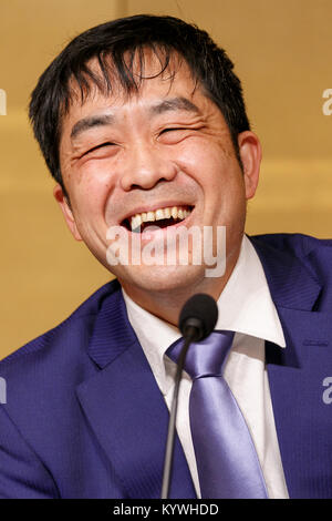 The 158th Naoki Prize winner Yoshinobu Kadoi speaks during a press ...