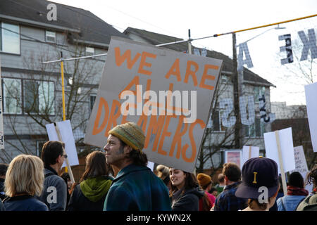 Seattle, United States. 15th Jan, 2018. Marchers take part in the 36th annual Martin Luther King Jr. Day March on January 15, 2018 in Seattle, Washington. ( Credit: Otto Greule/Alamy Live News Stock Photo