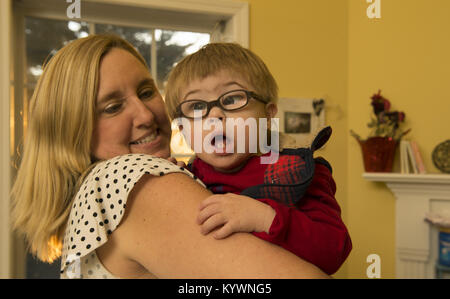 Suwanee, GA, USA. 15th Jan, 2018. Zach Ehlers, 2, has Dpwn syndrome and required eye surgery for cataracts. He has developmental challenges typical of Trisomy 21, the genetic name for the chromosome abnormality. It is a genetic disorder caused by the presence of all or part of a third copy of chromosome and is typically associated with physical growth delays, characteristic facial features and mild to moderate intellectual disability. The average IQ of a young adult with Down syndrome is 50, equivalent to the mental ability of an 8- or 9-year-old child, but this can vary widely.Pictured: Zac Stock Photo