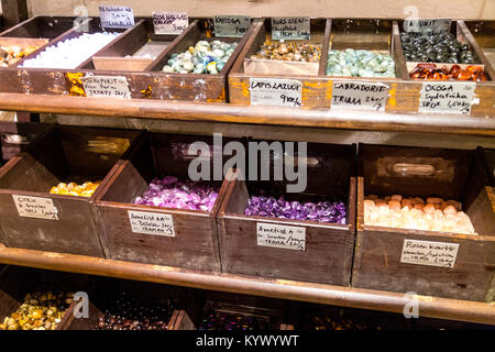 Selection of polished precious stones in wooden boxes (Kristallrummet, Stockholm, Sweden) Stock Photo