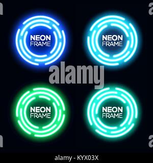 Neon light circles set. Shining round techno frames collection. Night club electric 3d banners on dark backdrop. Blue and green neon abstract background with glow. Technology vector illustration. Stock Vector