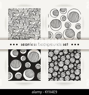 Set of seamless doodle prints of moons or ing-yang. Vector abstract endless arts design textures Stock Vector
