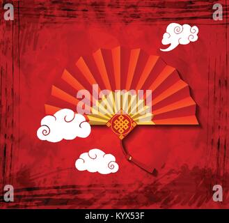 Red Chinese folding fan on white background.Vector illustration Stock Vector