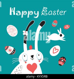 Greeting Easter greeting card with eggs and rabbits  Stock Vector