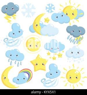 Cute weather icons collection with sun, moon, clouds, star, snowflakes, rain Stock Vector