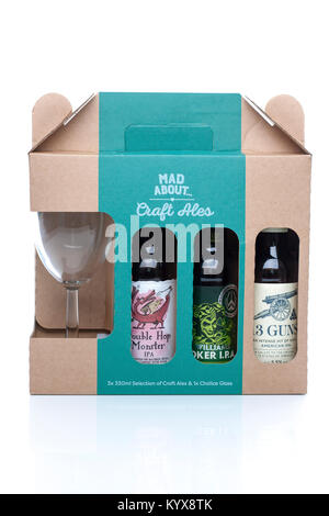 Mad About Craft Ales pack of three beers with glass Stock Photo