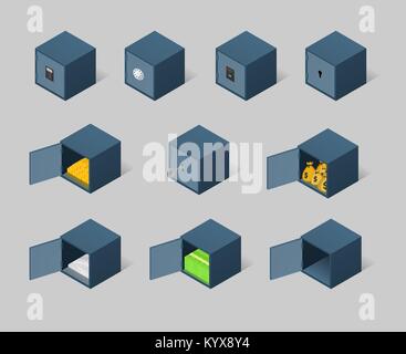Isometric safe set. Closed and opened metal boxes with gold, cash, money and securities Stock Vector