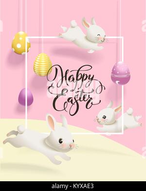 Holiday horizontal web banner template with decorative eggs hanging on threads, little white bunnies jumping around, square frame and Happy Easter handwritten wish. Festive vector illustration Stock Vector