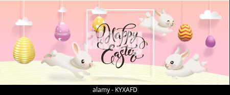 Horisontal Happy Easter banner template with eggs hanging on strings, cute white rabbits jumping around, square border and elegant handwritten inscription. Holiday vector illustration Stock Vector