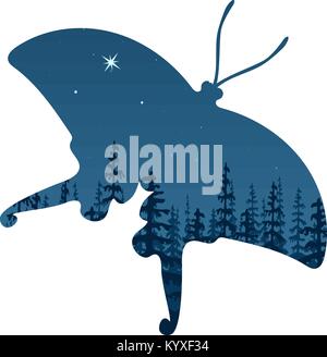 Landscape with silhouette of forest at night through butterfly shape. Double exposure, panoramic view Sky, stars, wood, trees, firs, mist, polar star. Stock Vector